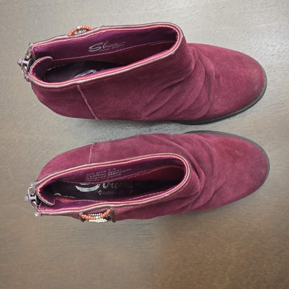 SBICCA Women's 7.5 Maroon Beaded Suede Ankle Boots Booties - Burgundy - Picture 2 of 5